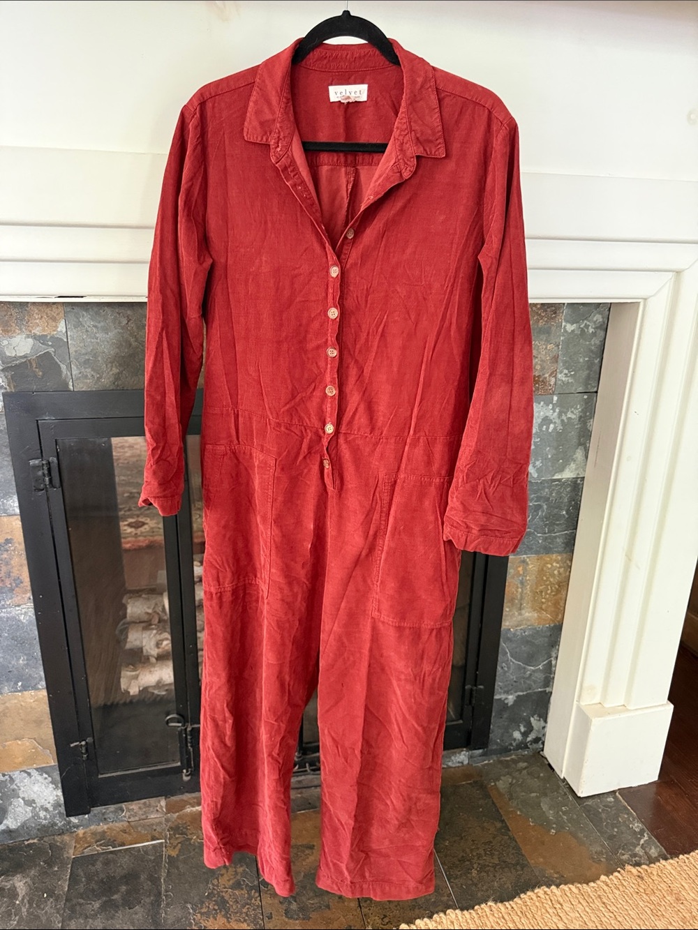 Velvet by Graham & Spencer Corduroy JUMPSUIT in Deep Red. Button close.Size L/XL